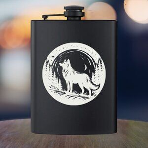 Personalized Engraved Wildlife Woods Wild Moon Wolf Black Flask